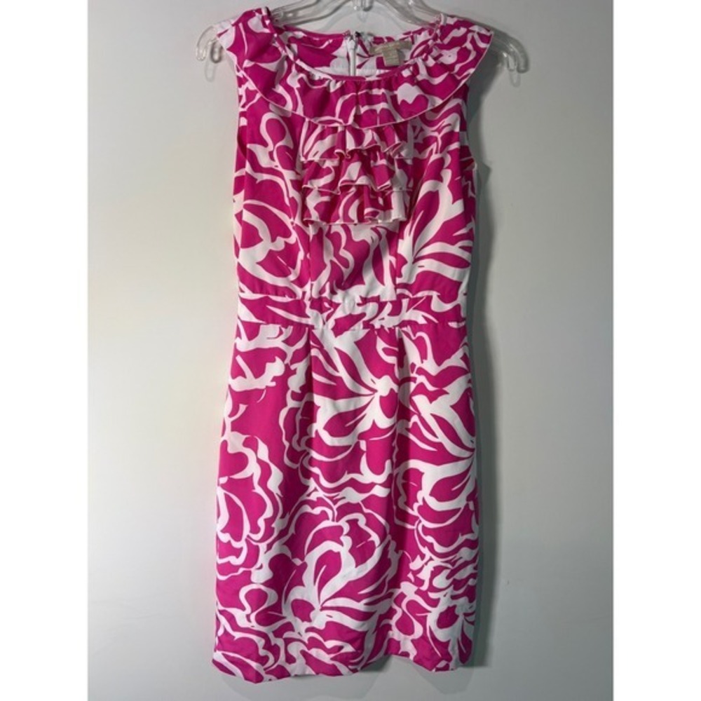 Banana Republic Pink White Abstract Floral Ruffle Bib Sheath Dress Size 0 Office